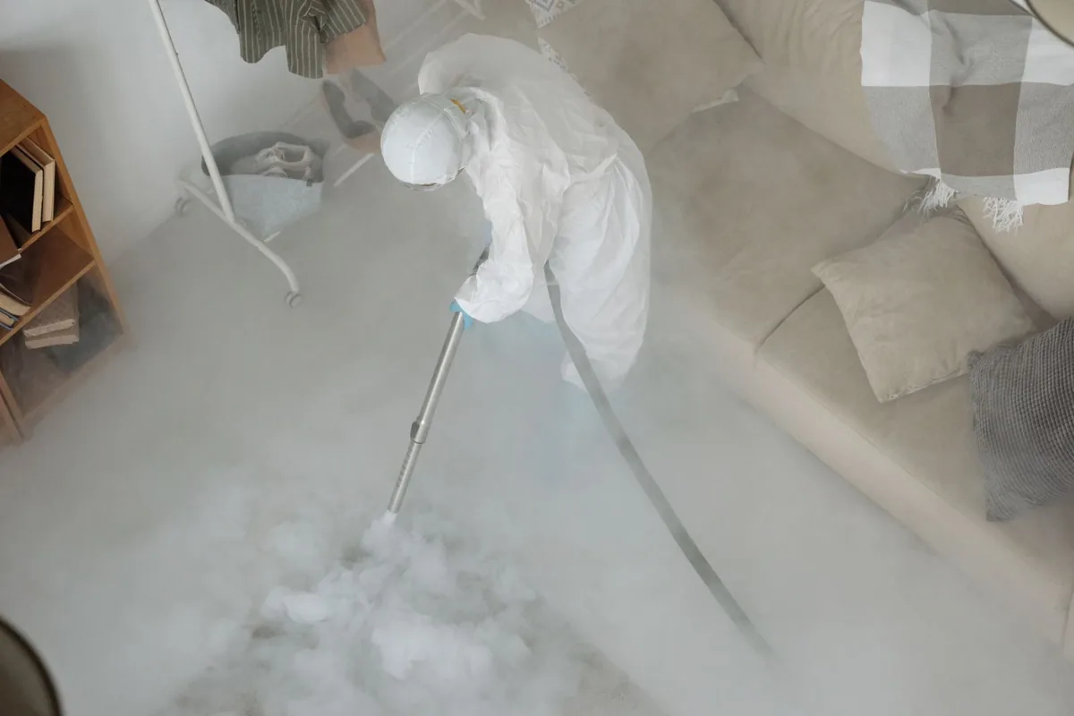 Biohazard cleanup technician in protective equipment, Garden City, SC